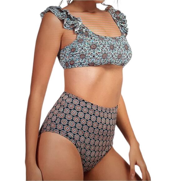 New Mooncore Two Piece Blue Print Ruffle Bikini Set Women's Size Small New - Picture 1 of 6